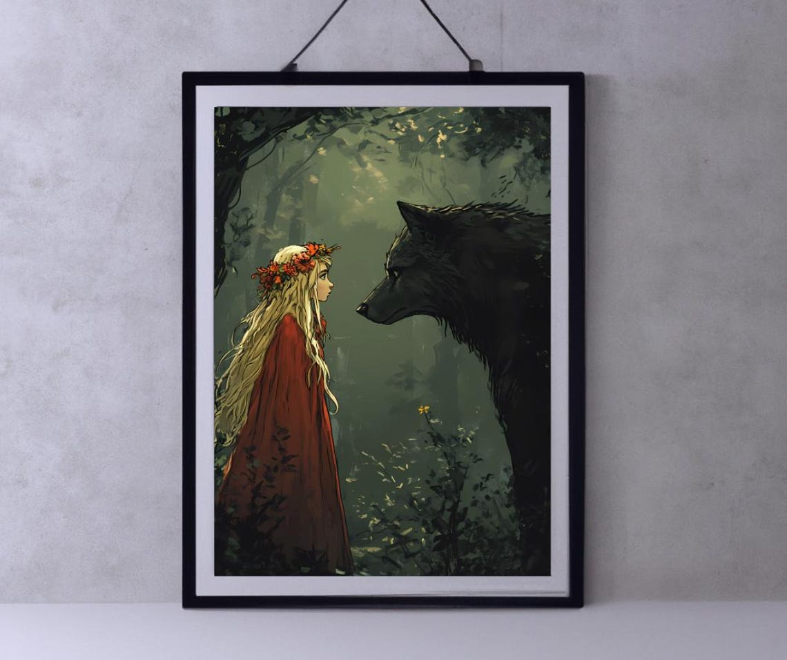 Little Red Riding Hood Facing Black Wolf Forest Anime Style Poster