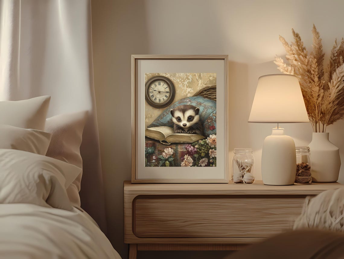 Cozy Ferret Reading a Book in a Vintage Study with Clock Poster - Image 4