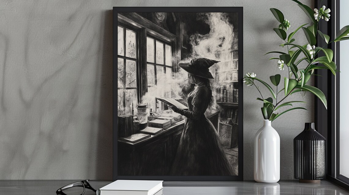 Enchanted Witch In Library, Gothic Witchcraft Decor