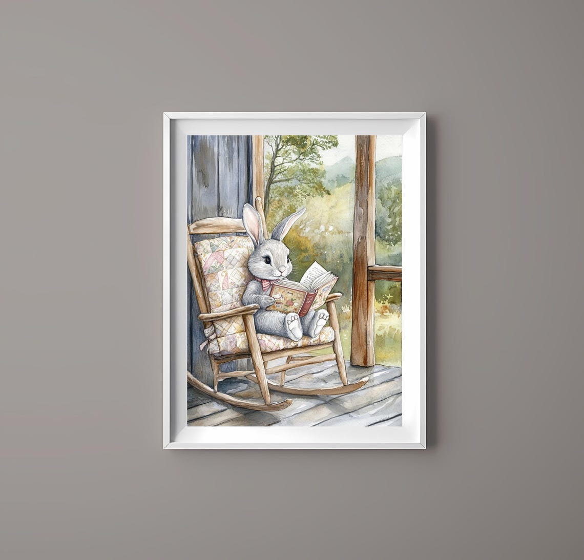 Bunny Reading Book Rocking Chair Rustic Porch Watercolor Art Poster - Image 3