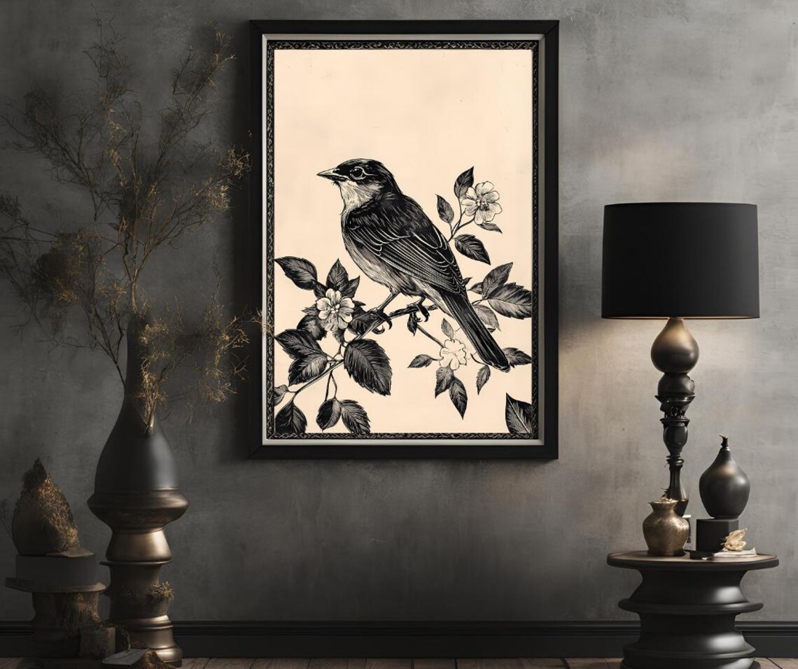 Vintage Songbird Perched On Flowering Branch Engraving Art Poster - Image 2