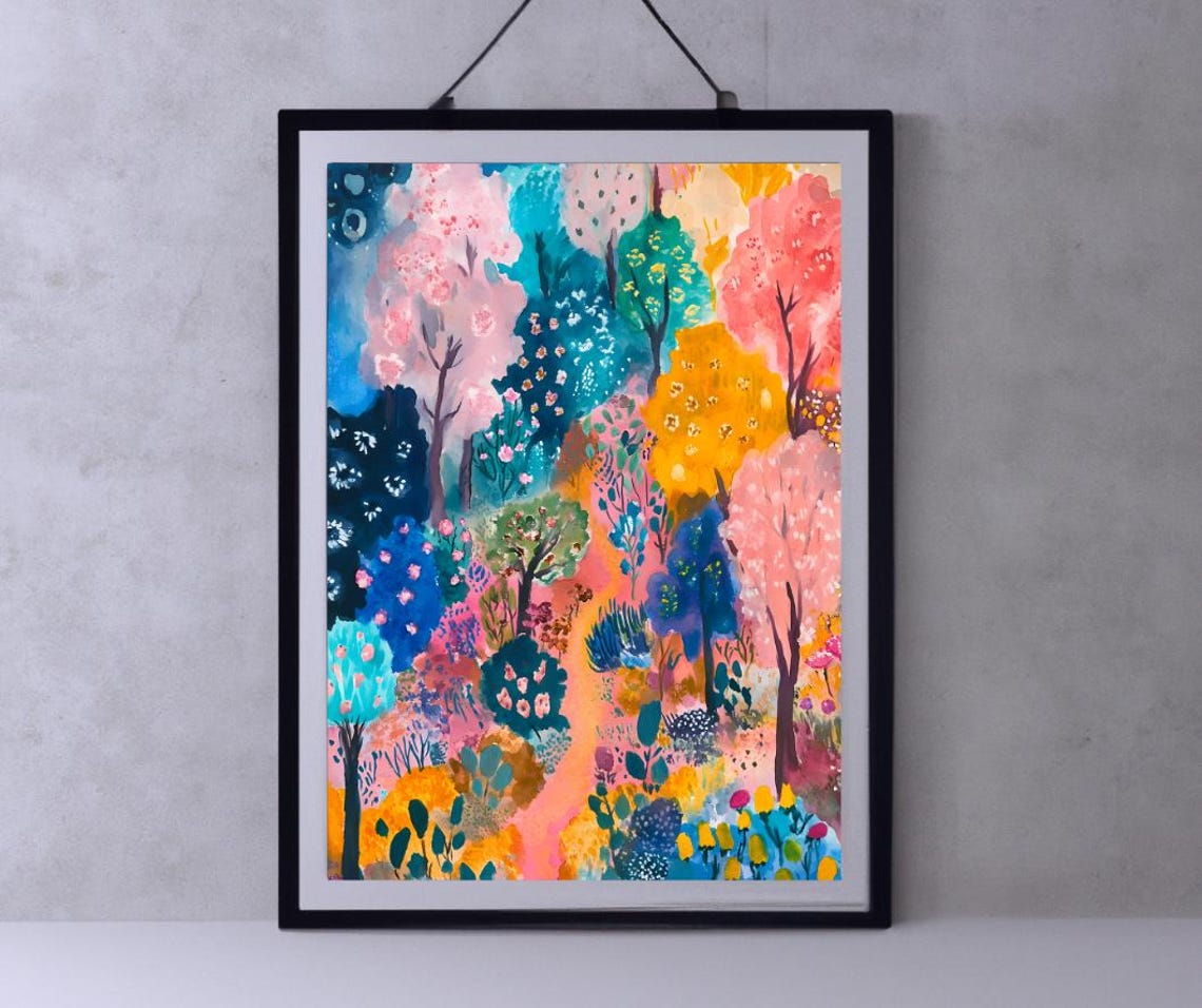 Colorful Whimsical Botanical Forest in Pink Teal Orange Art Poster