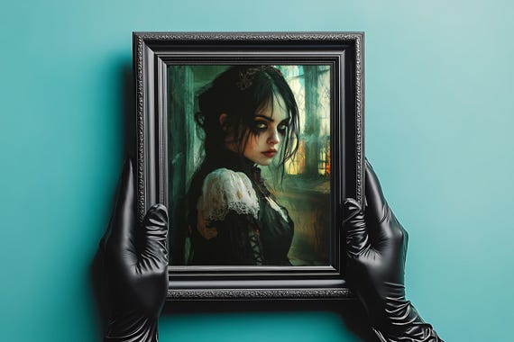 Gothic Portrait Art Mysterious Woman With Lace Detail Dark Fantasy Wall Art