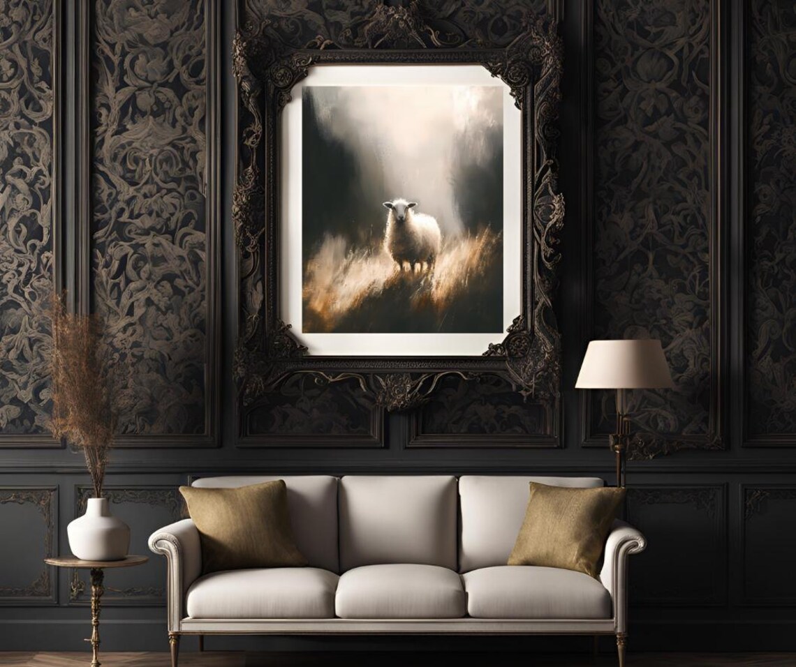 White Sheep Standing In Misty Golden Meadow Moody Animal Poster - Image 3