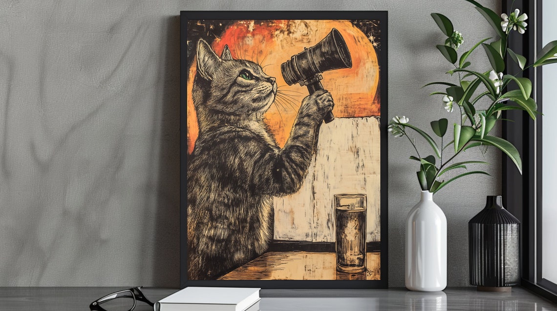 Whimsical Cat Stargazer Art Print With Telescope Playful Astronomy Decor Charming Lover Wall