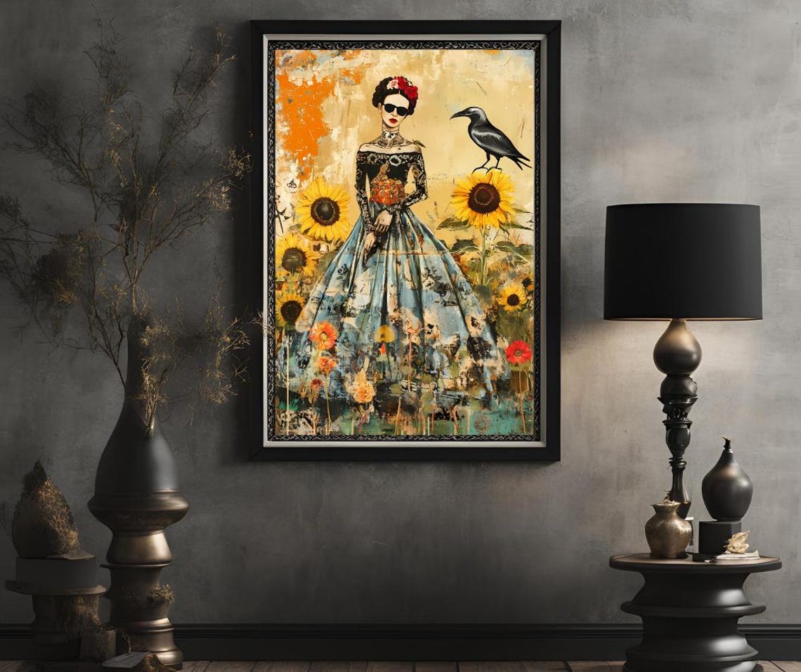 Frida Kahlo Inspired Woman Sunflowers Crow Eclectic Boho Art Print - Image 2