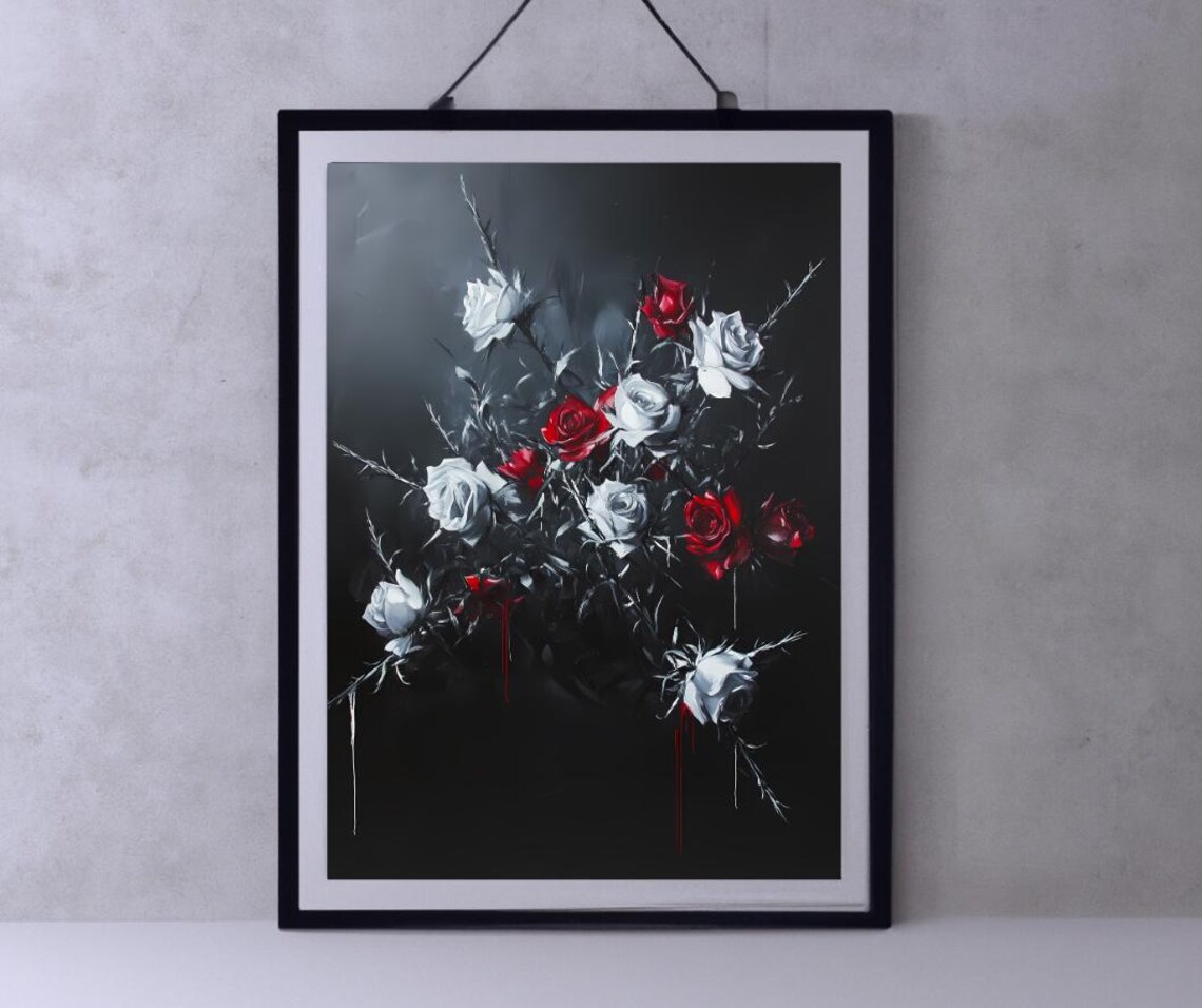 Red and White Roses Bouquet on Black Background Moody Floral Poster
