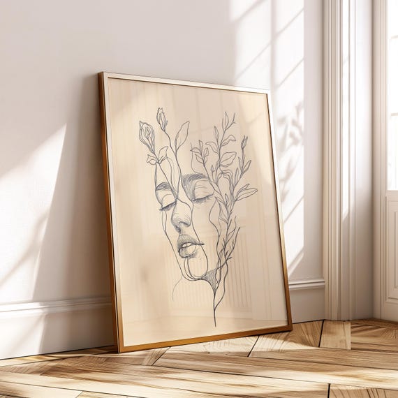 Floral Line Face Art Abstract Botanical Woman Portrait Minimalist Wall Print