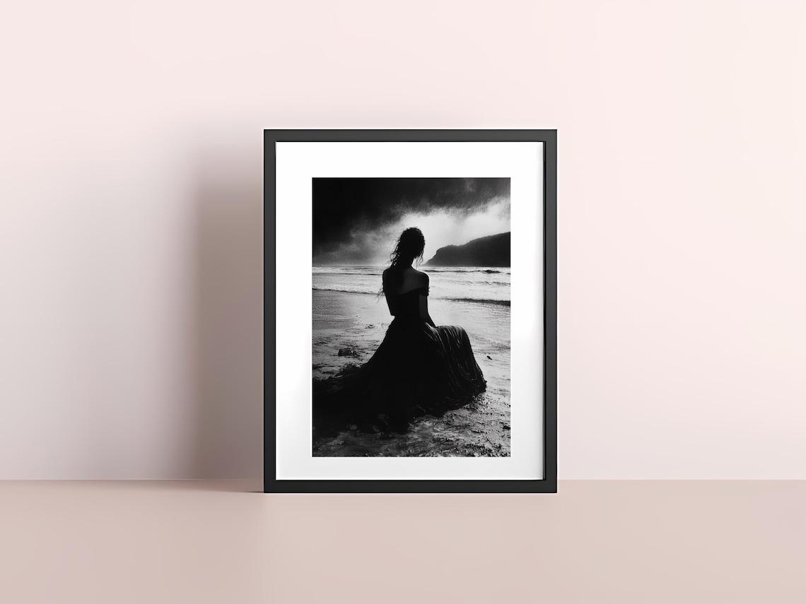 Silhouette Woman Long Dress Stormy Beach Black White Dramatic Poster
