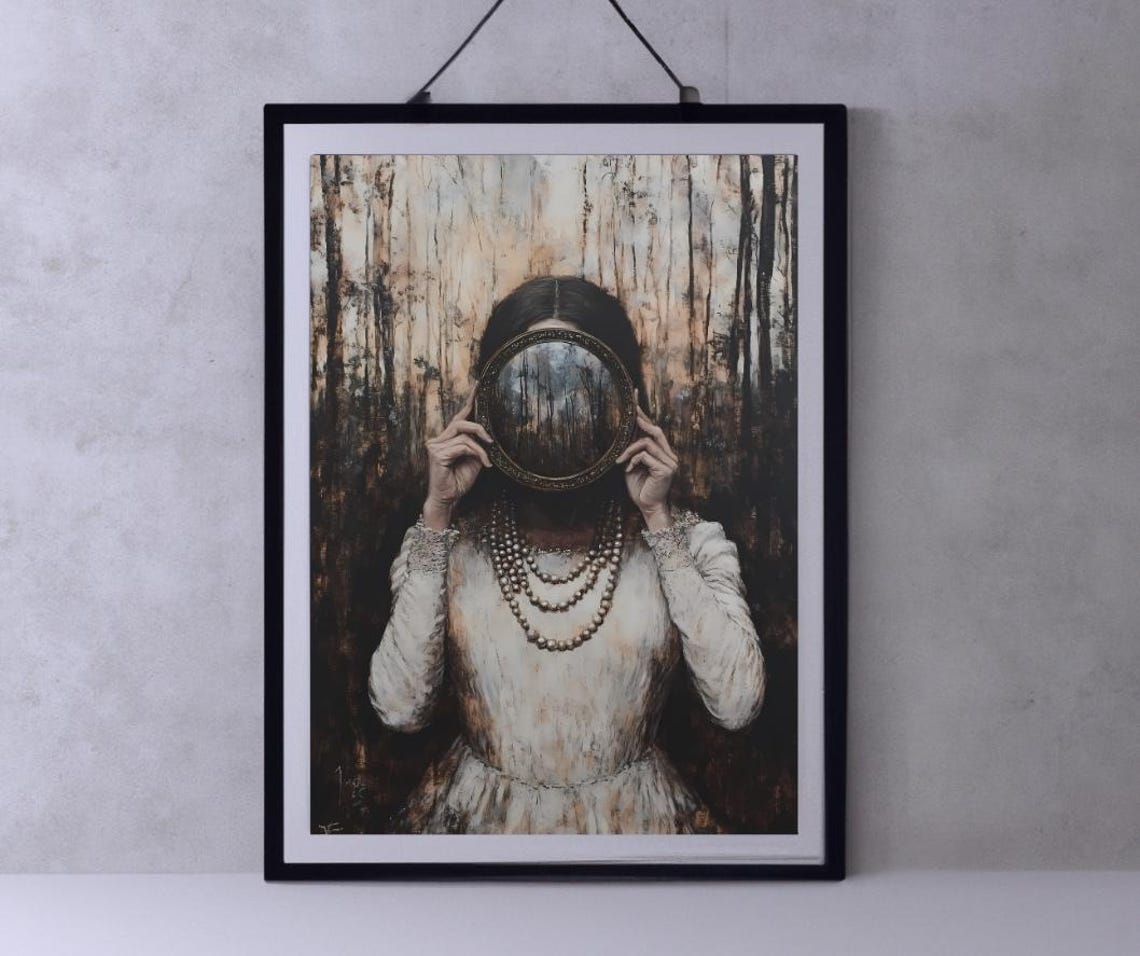 Woman Holding Mirror Over Face In Dark Forest Portrait Poster