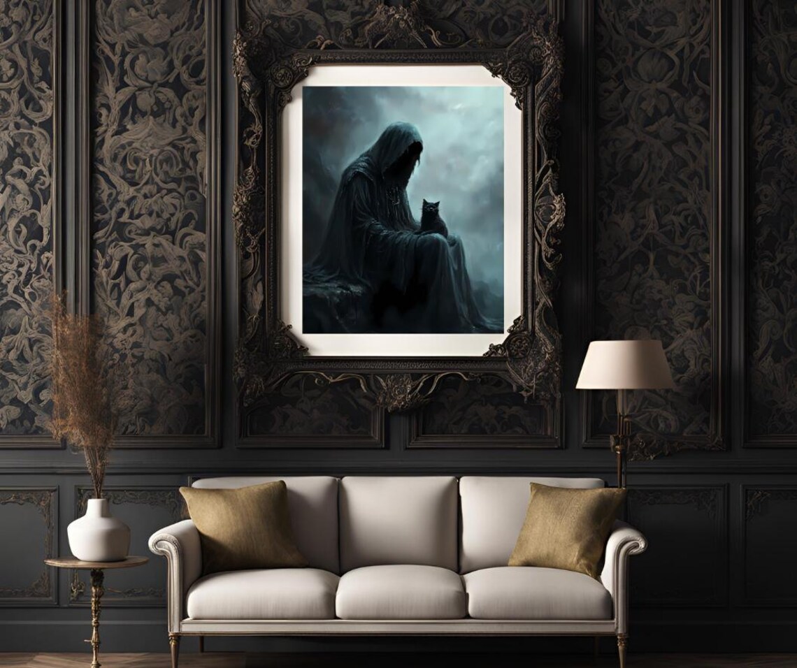Grim Reaper Sitting With Black Cat In Misty Darkness Spooky Gothic Poster - Image 3