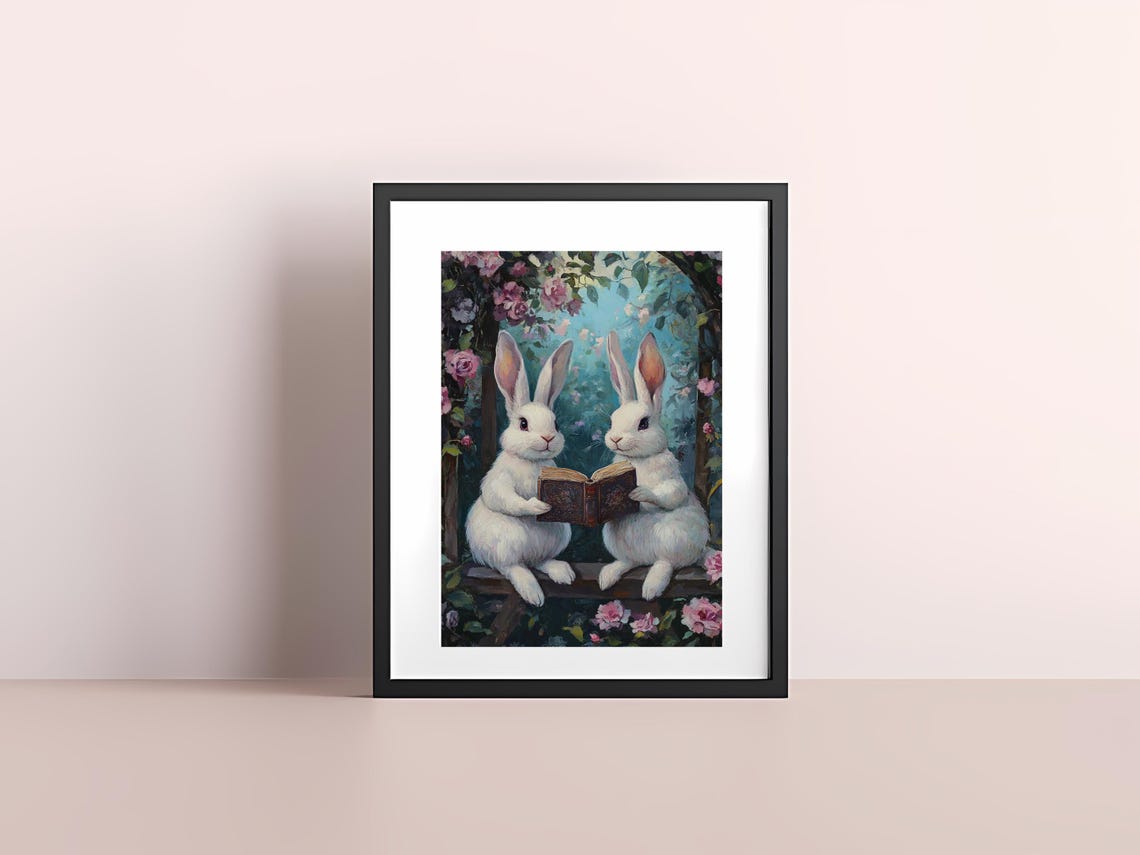 White Bunnies Reading Book Rose Arbor Romantic Floral Art Poster - Image 4