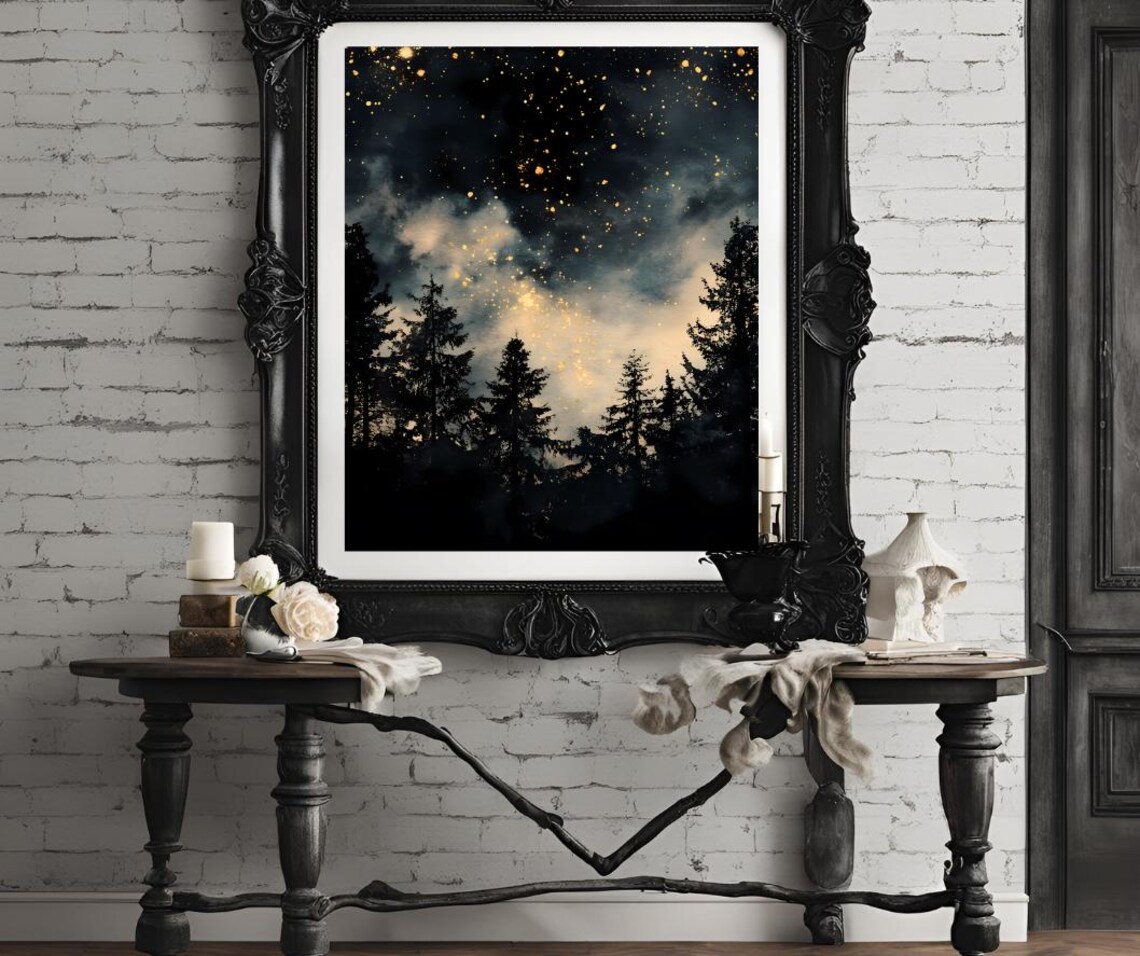 Starry Golden Night Sky Over Pine Forest Silhouette Watercolor Poster - Image 4