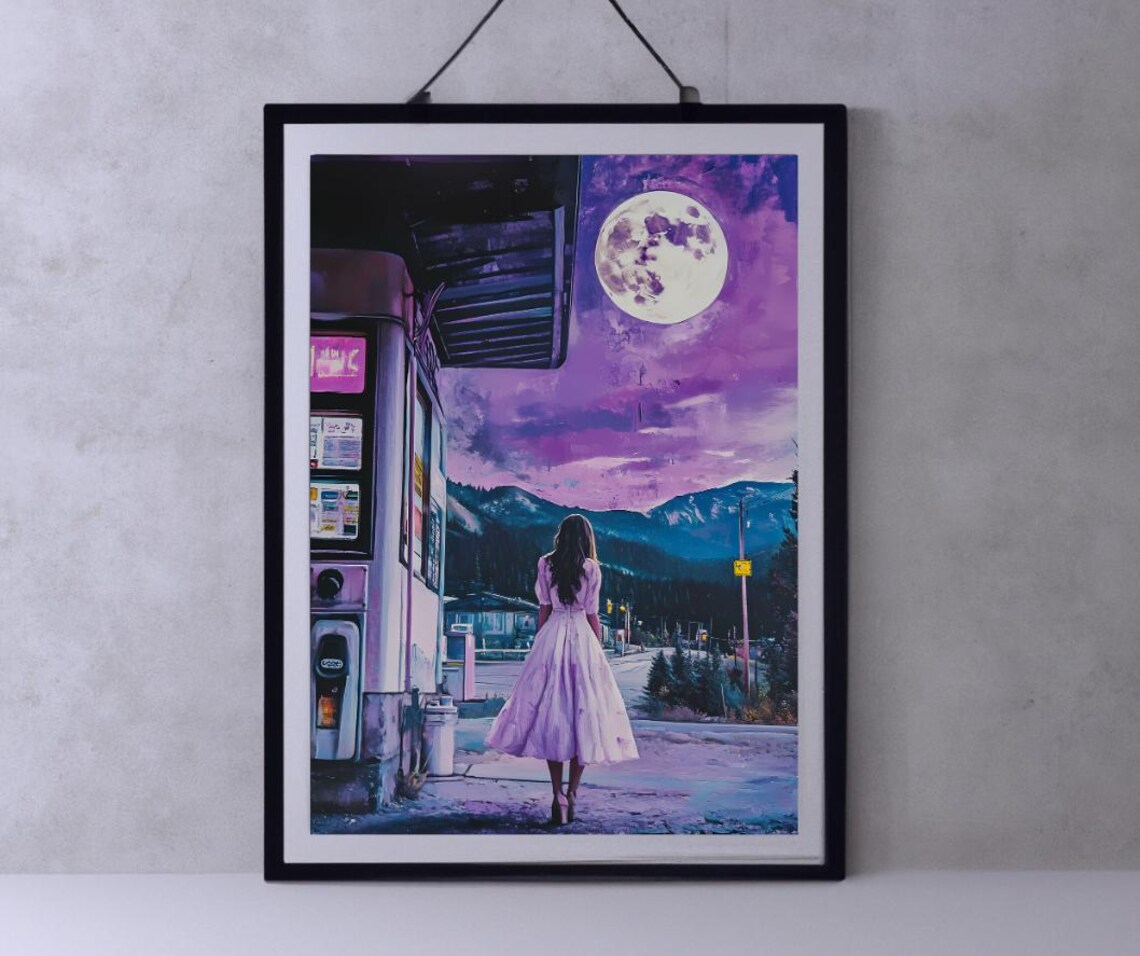 Woman at a Gas Station Under a Giant Full Moon Night Art Poster
