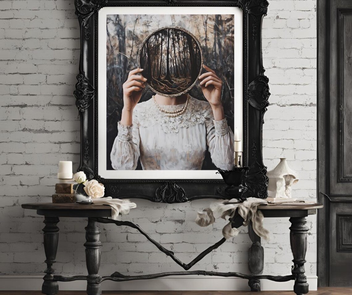 Eerie Victorian Woman Holding Round Mirror Reflecting Forest Dark Poster - Image 4