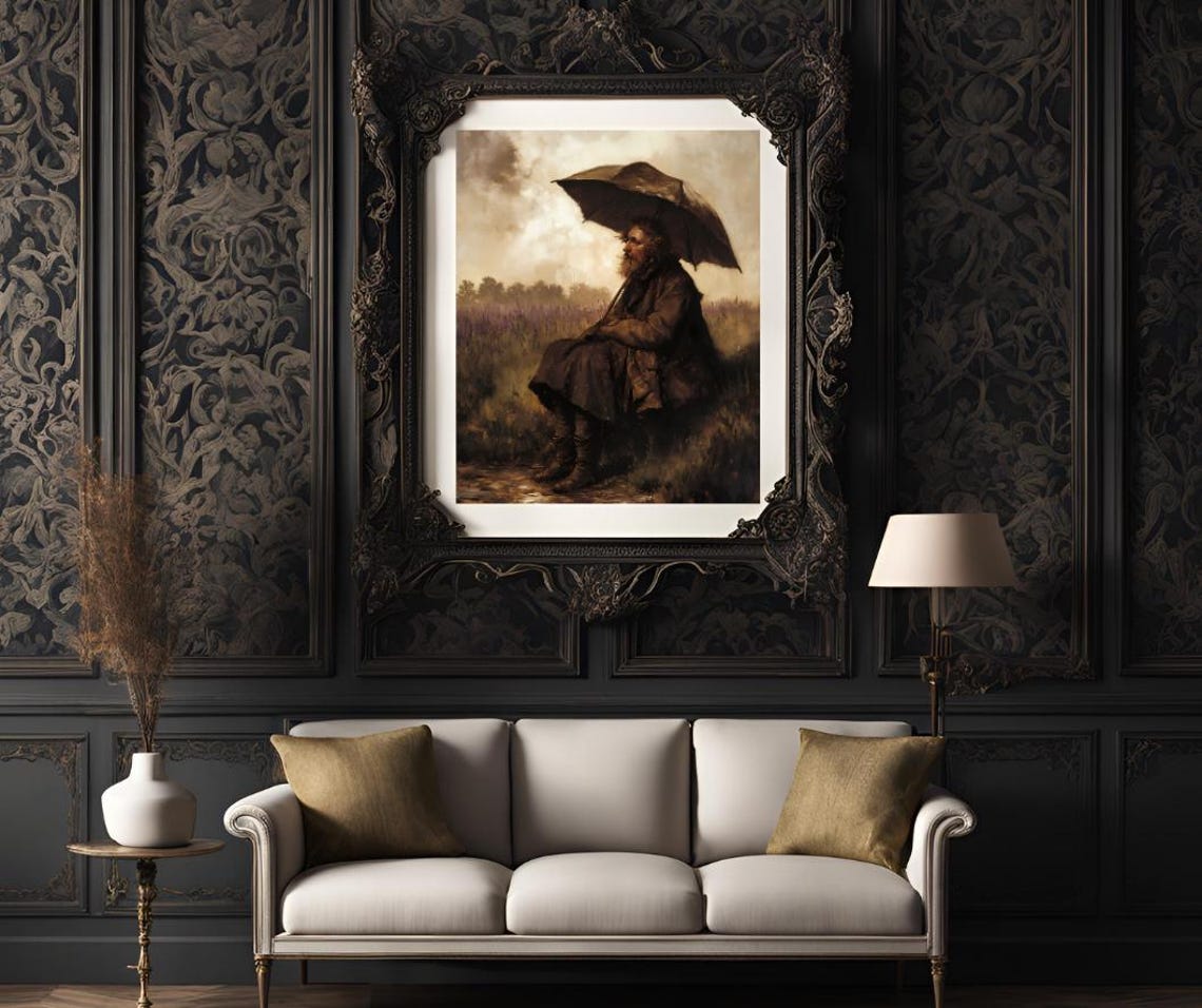 Rustic Man With Umbrella Art Moody Landscape Painting Emotional Wall Decor Instant Png File - Image 3
