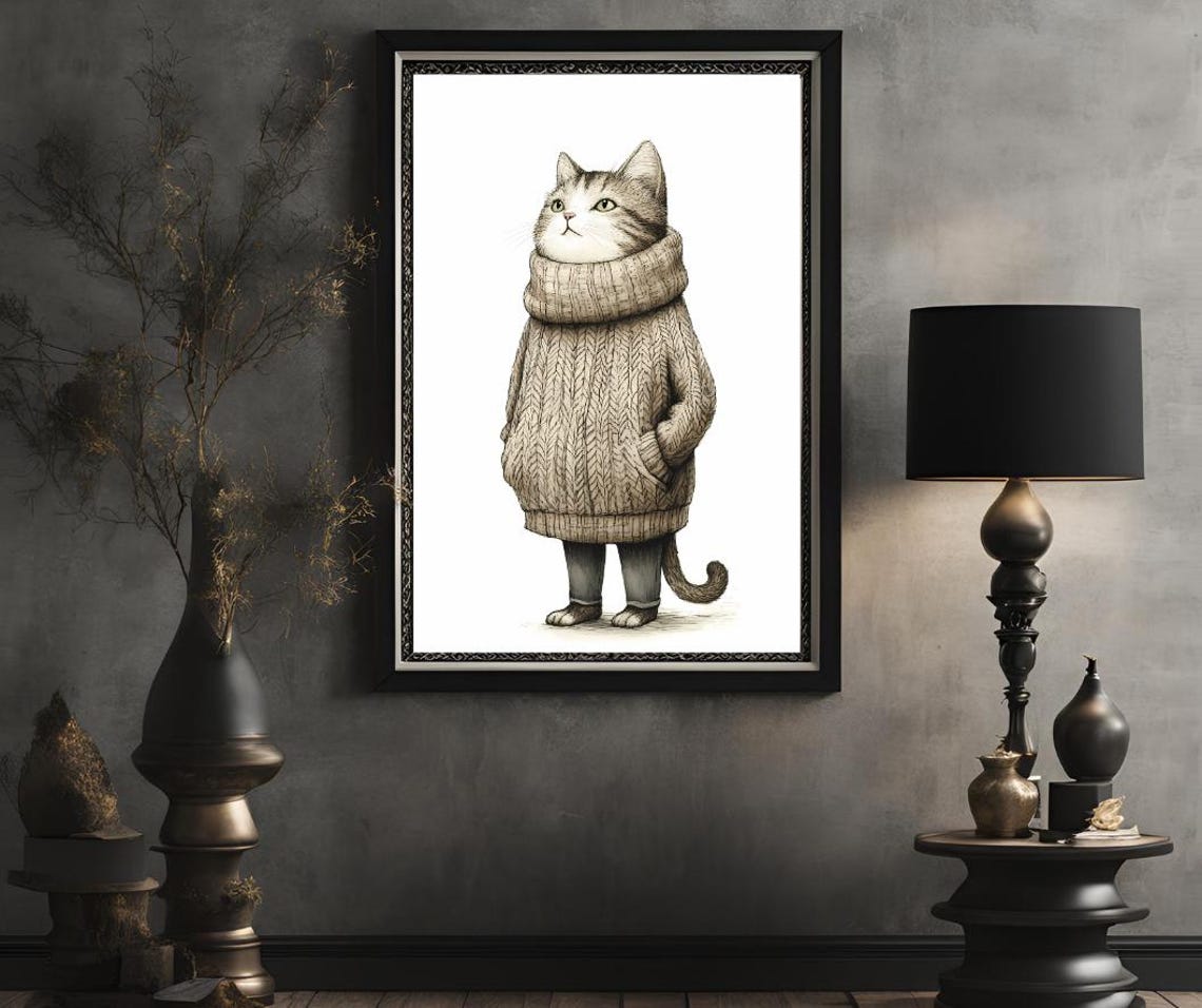 Tall Grey Cat In Oversized Cream Cable Knit Sweater Funny Poster - Image 2