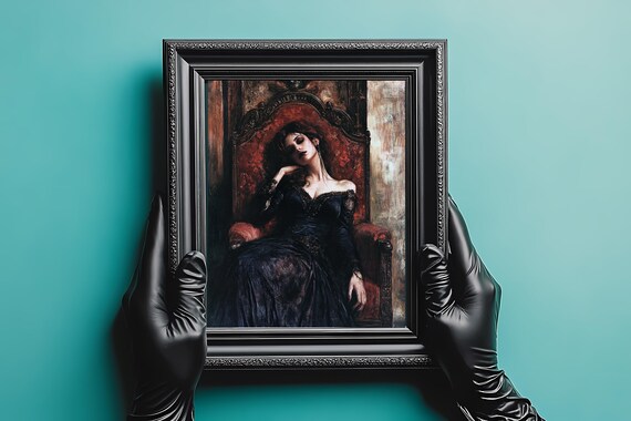 Gothic Woman Reclining Ornate Red Chair Dark Romantic Art Poster