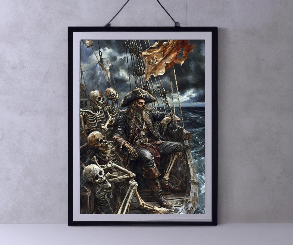 Pirate Skeleton Crew Haunted Ship Stormy Seas Gothic Art Poster