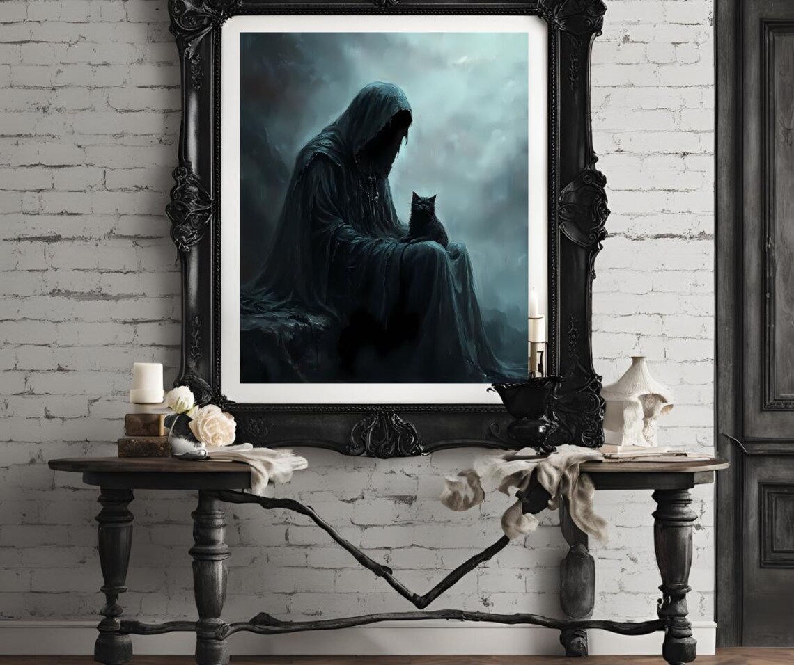 Grim Reaper Sitting With Black Cat In Misty Darkness Spooky Gothic Poster - Image 4
