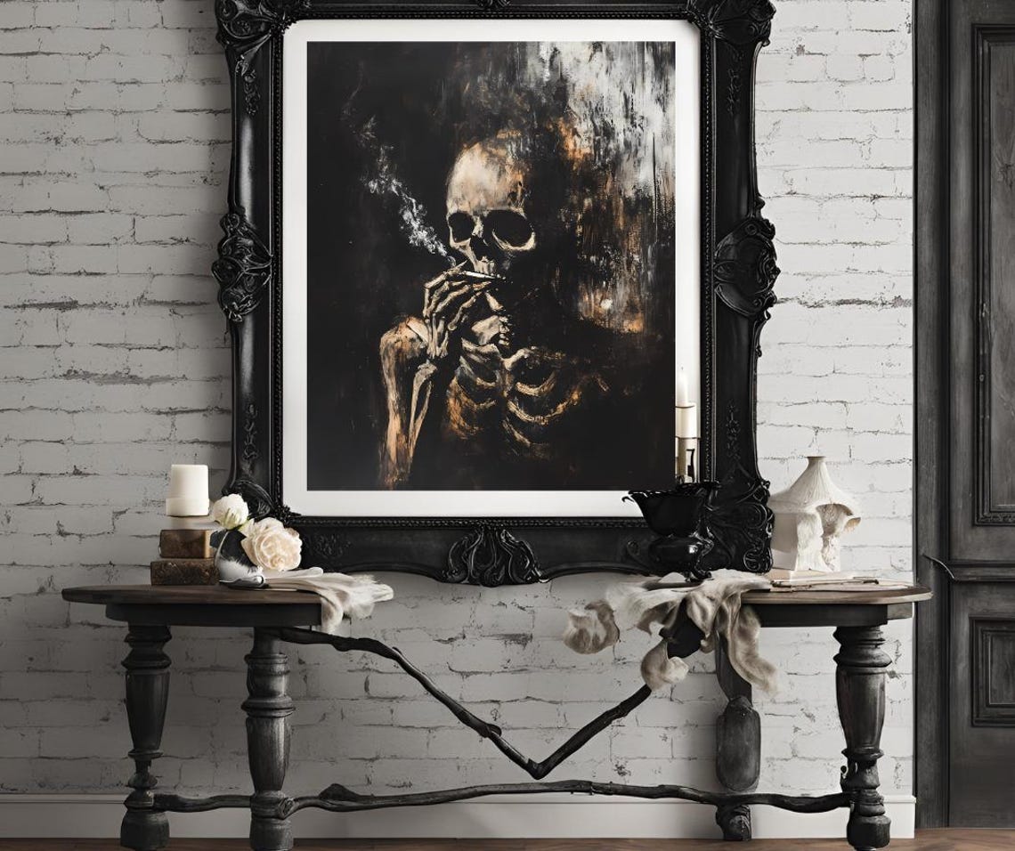 Dark Skeleton Smoking A Cigarette Moody Skull Painting Poster - Image 4