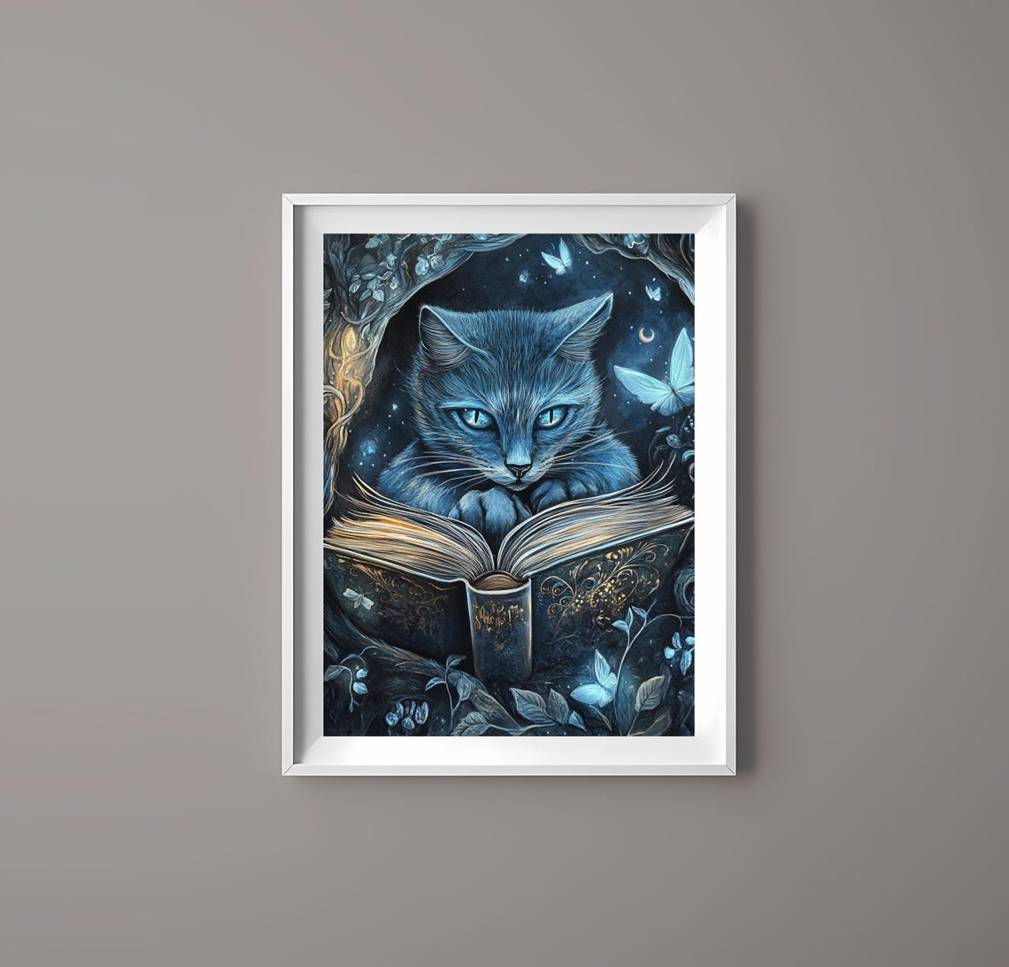 Mystical Blue Cat Reading an Enchanted Book Under Moonlight Poster - Image 3