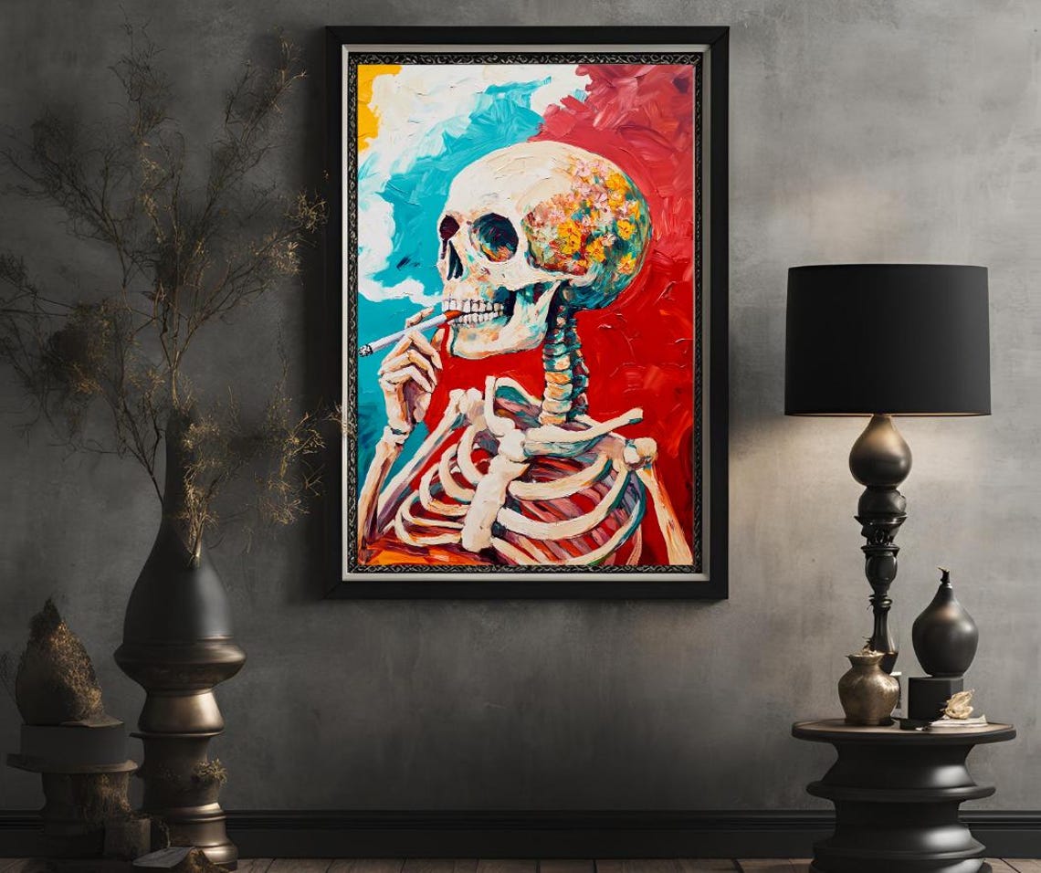 Skeleton Smoking Cigarette Held in Hand Colorful Teal and Red Poster - Image 2