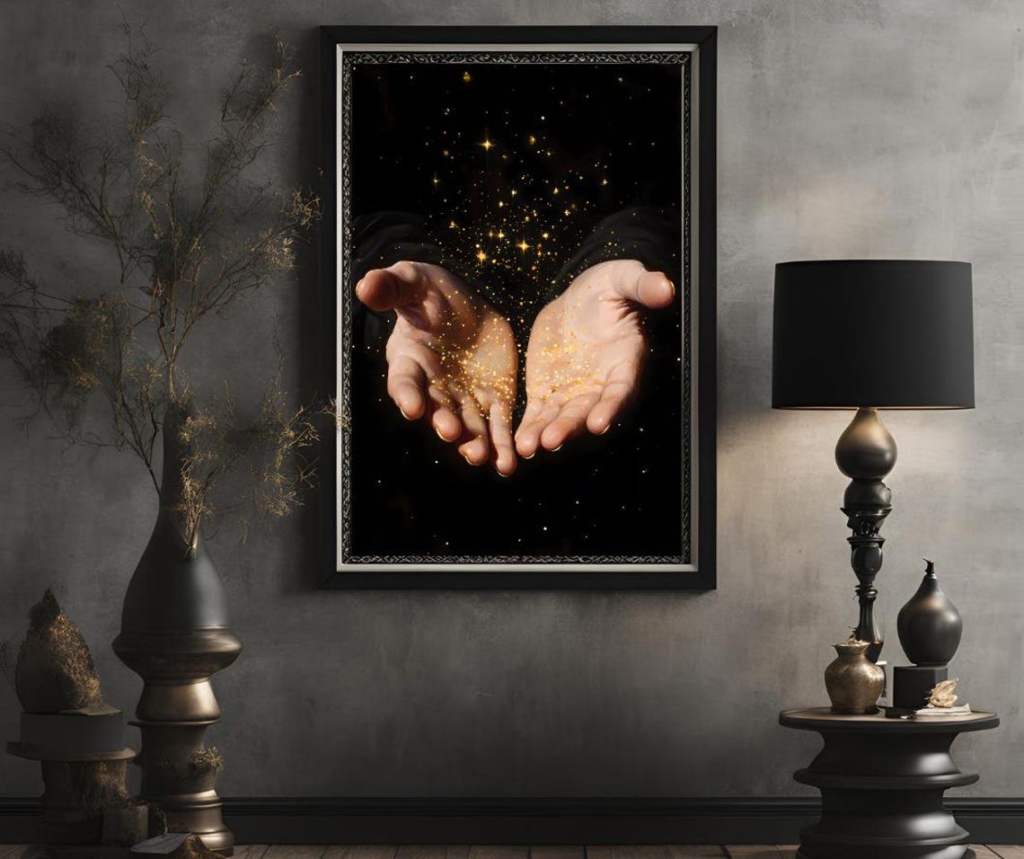 Two Open Hands Holding Golden Stardust Celestial Mystical Art Poster - Image 3