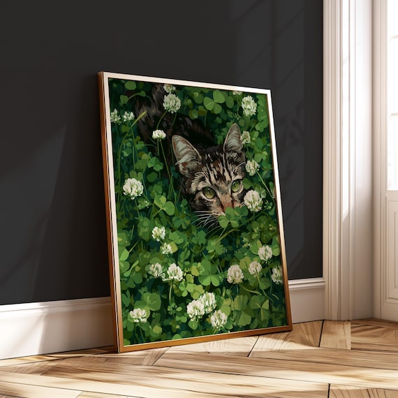 Tabby Cat Clover Field Print Lucky Botanical Animal Art