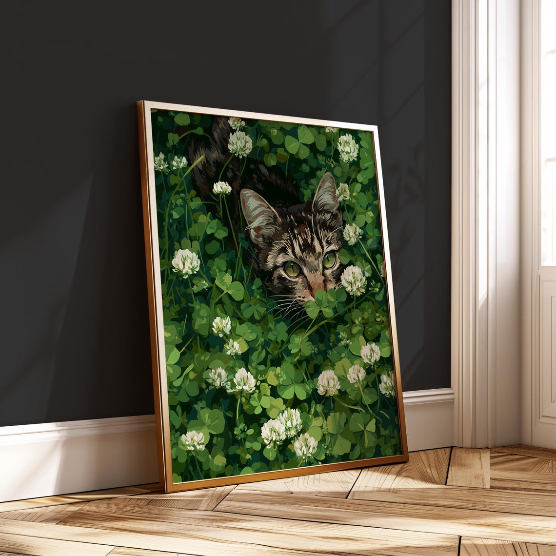 Tabby Cat Clover Field Lucky Botanical Cat Lover Art Print Decor