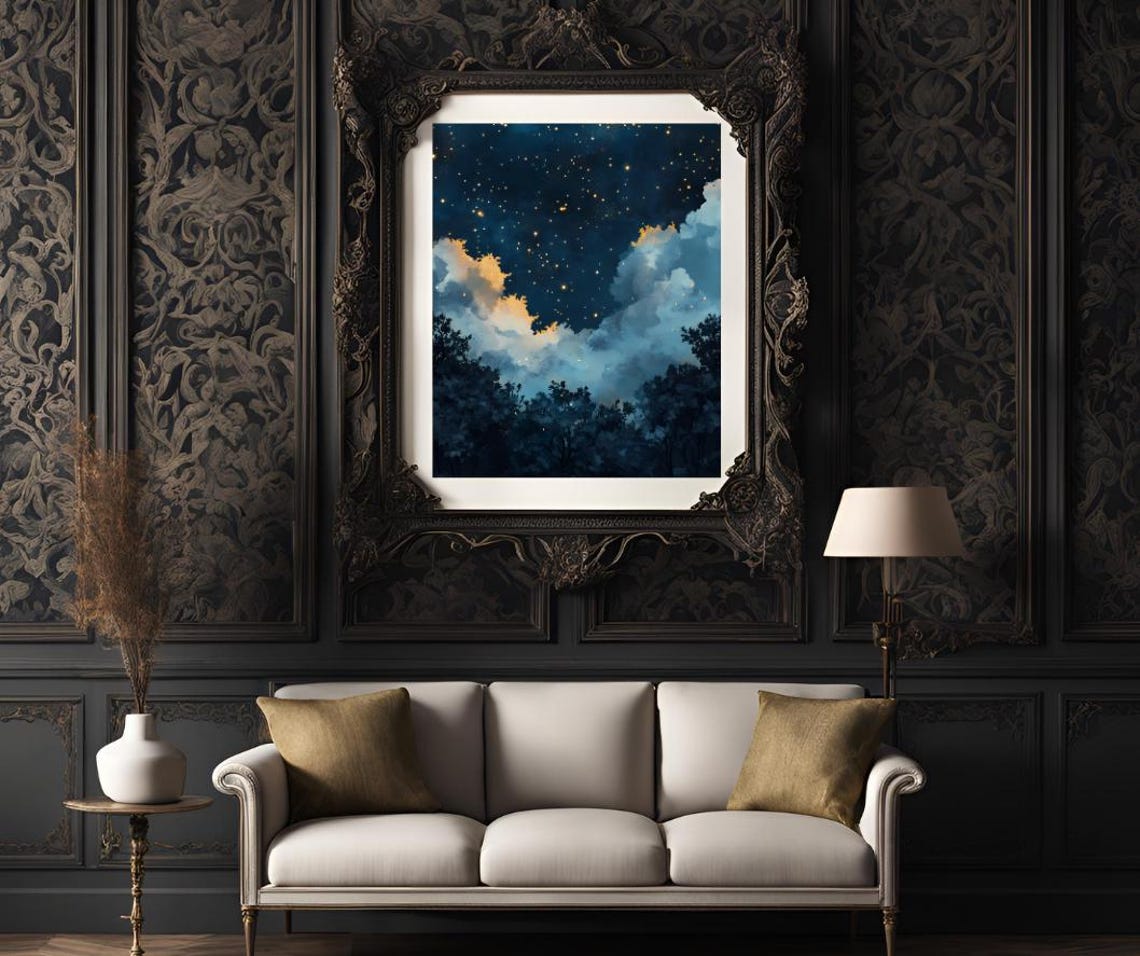 Starry Night Sky Above Dark Treeline With Golden Clouds Poster - Image 3