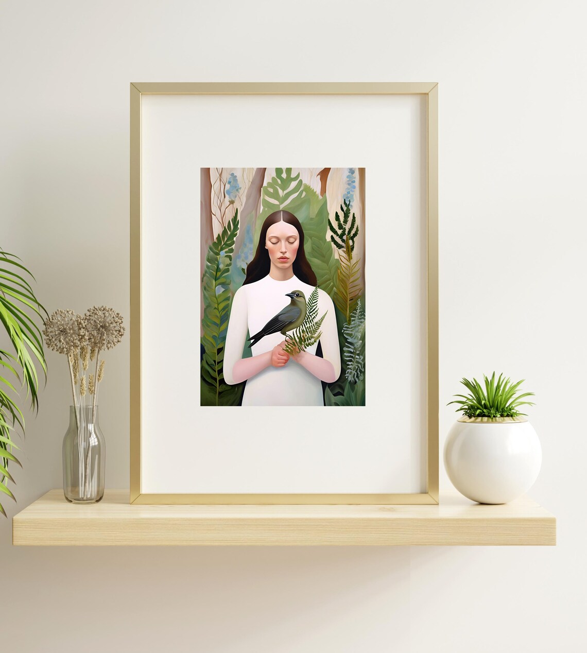 Woman Holding Bird Botanical Forest Fine Art Portrait Poster - Image 4