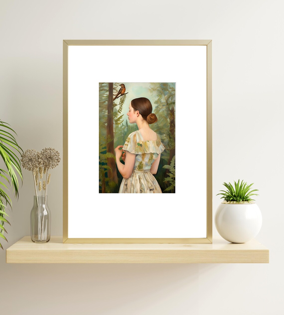 Woman In Forest Bird On Branch Botanical Fine Art Painting Poster - Image 4