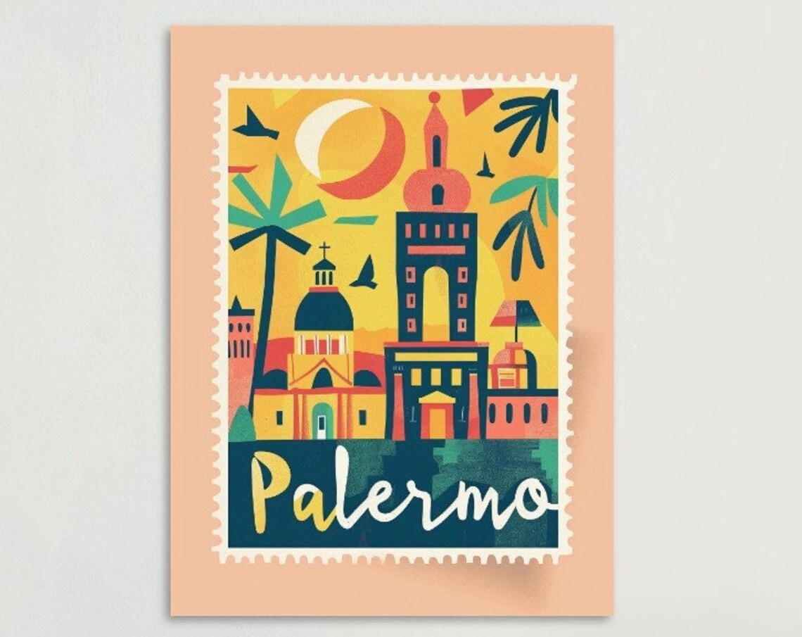 Palermo Sicily Skyline Palm Trees Peach Vintage Stamp Travel Poster