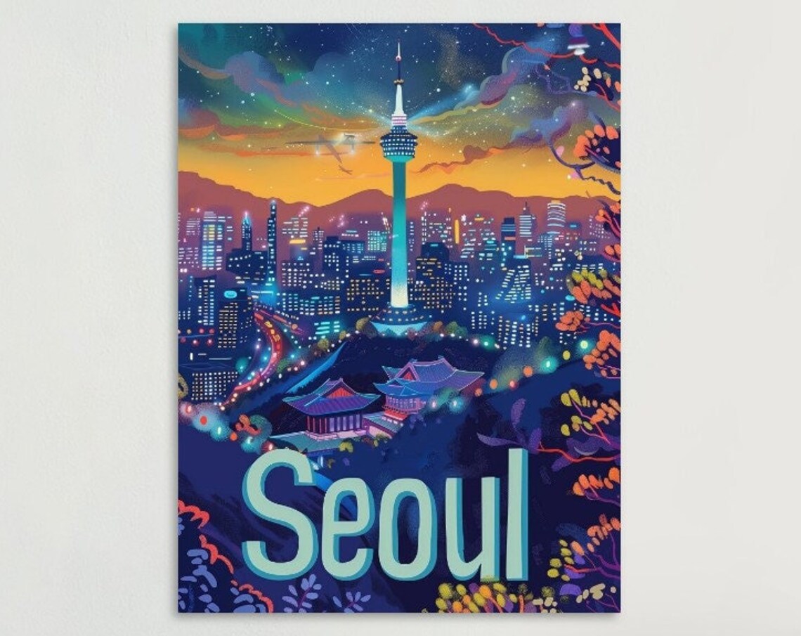 Seoul N Seoul Tower Night City Lights South Korea Travel Poster