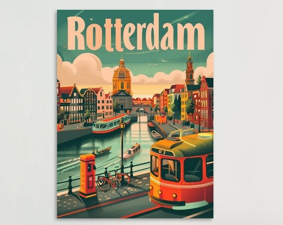 Rotterdam Netherlands Canal Bridge Tram Bike Vintage Travel Poster