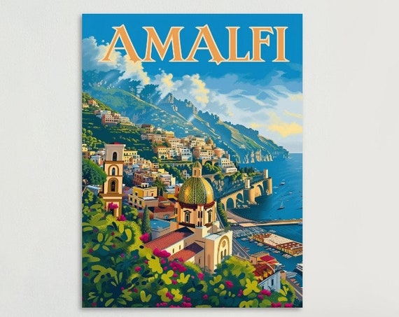 Amalfi Coast Poster Colorful Vintage Art Home Decor Travel Keepsake Unique Gift