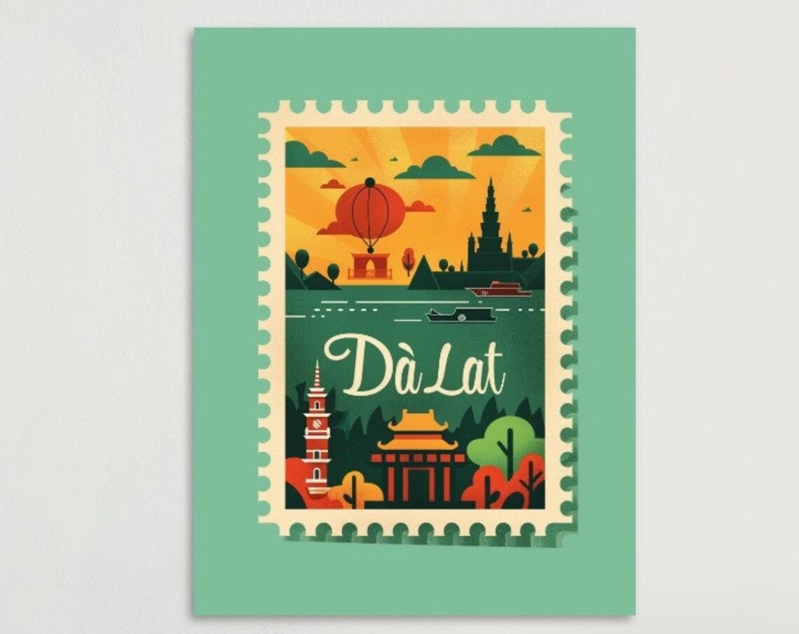 Da Lat Vietnam Hot Air Balloon Pagoda Vintage Travel Stamp Poster