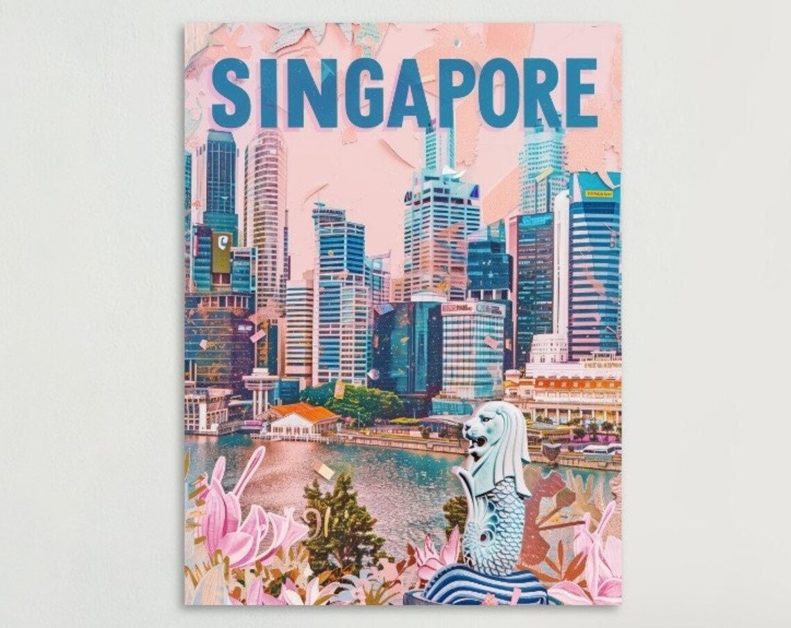 Singapore Merlion Marina Skyline Vintage Collage Travel Poster