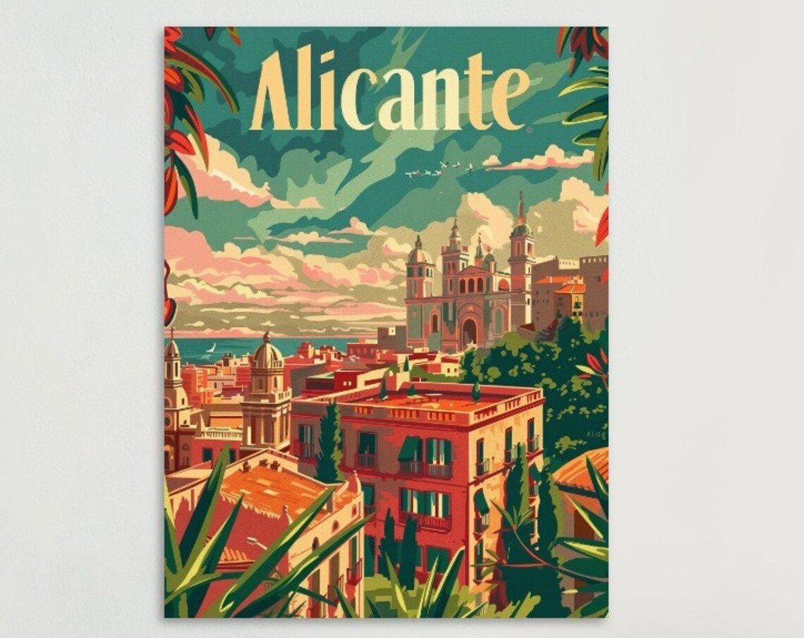 Alicante Terracotta Rooftops Castle Hill Sunset Spain Travel Poster