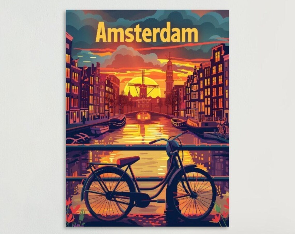 Amsterdam Bicycle Bridge Canal Sunset Windmill Vintage Travel Poster
