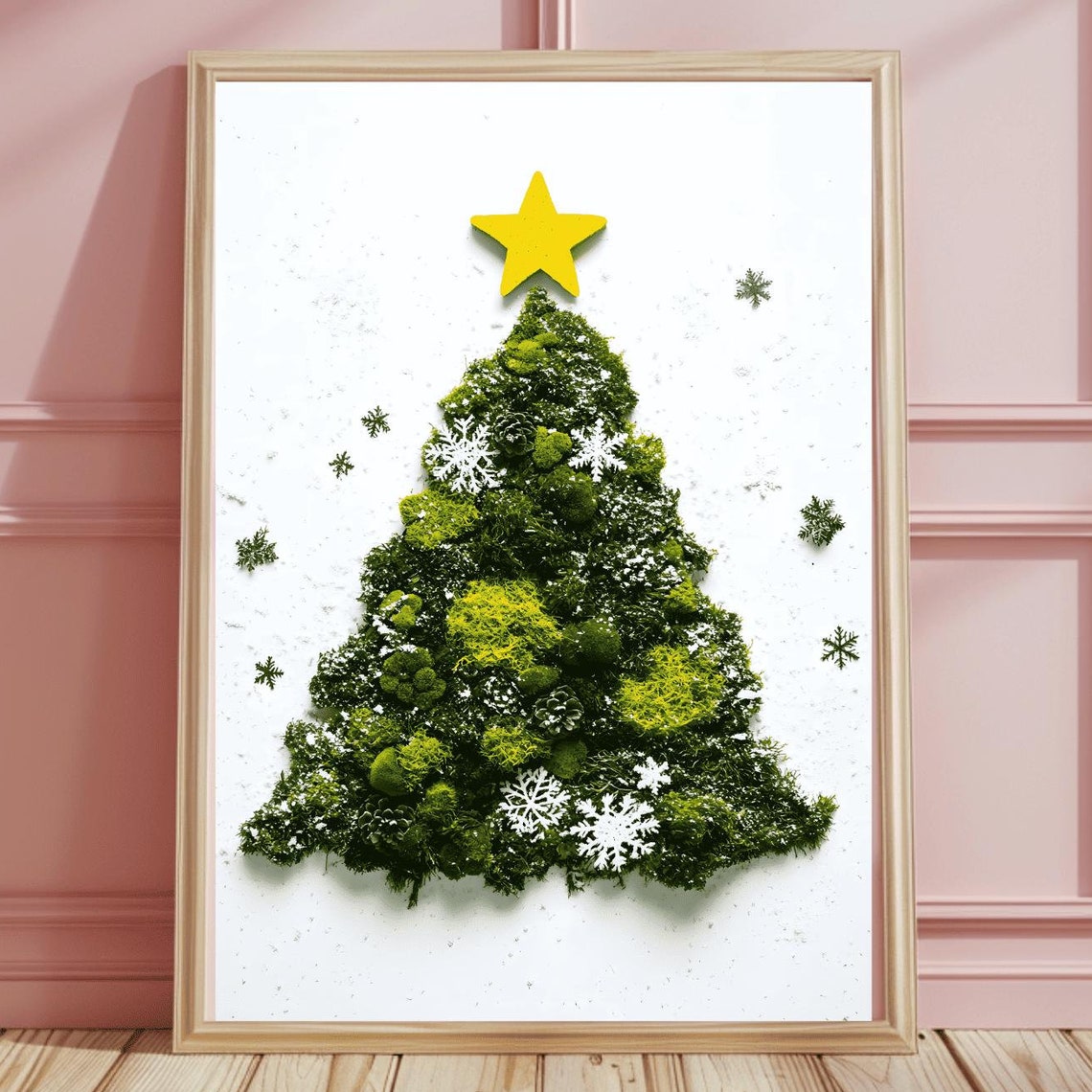 Lush Moss Christmas Tree Gold Star White Snowflake Accents Poster