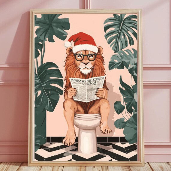 Lion In Santa Hat Reading Newspaper On Tropical Toilet Poster