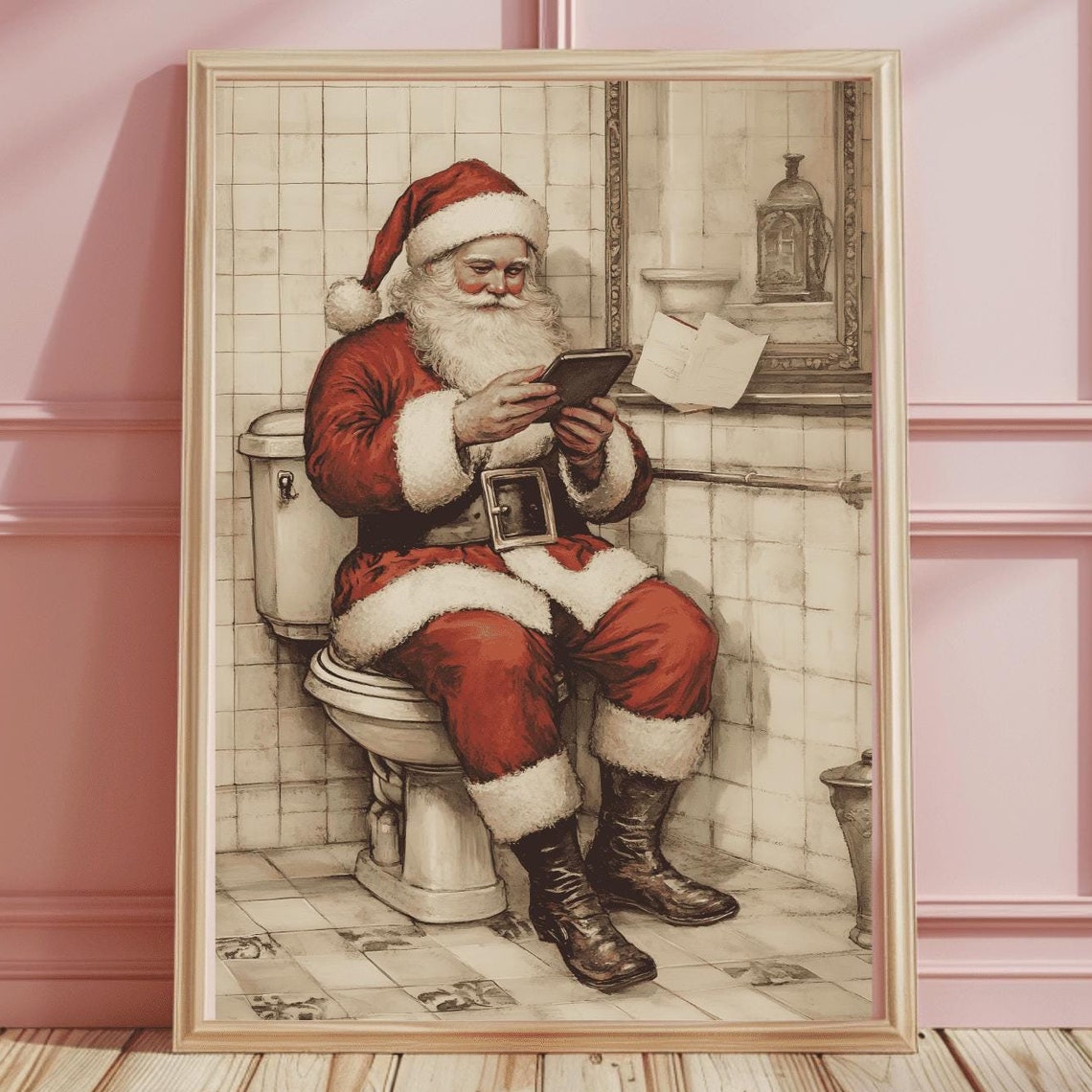 Hilarious Santa Scrolling His Phone on the Toilet Bathroom Poster