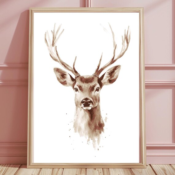 Watercolor Deer Stag Head Portrait Sepia Antlers Woodland Poster