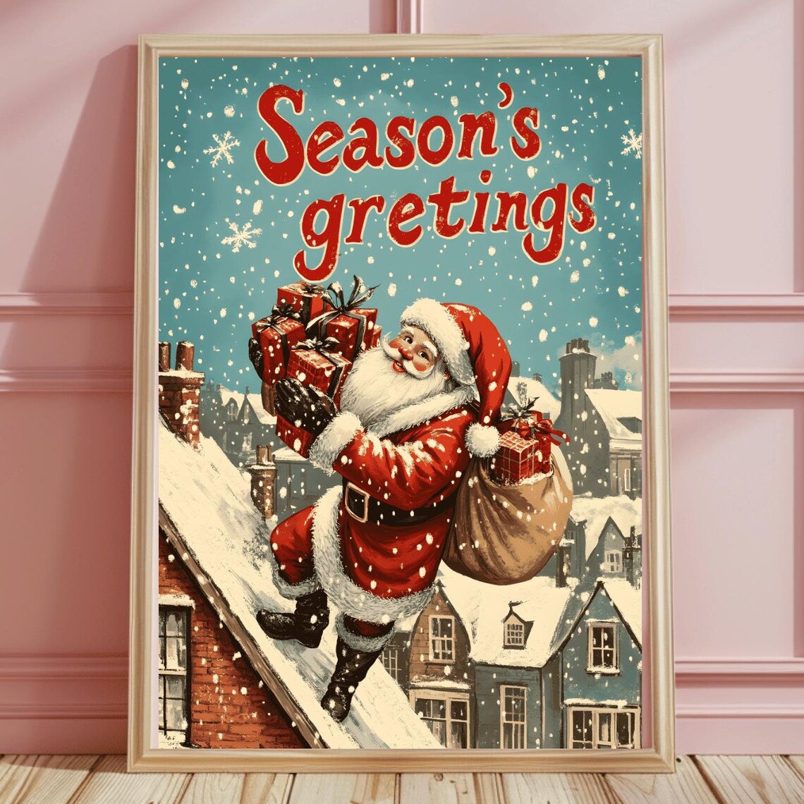 Bold Retro Santa on Rooftops with Season's Gretings Lettering Art Print