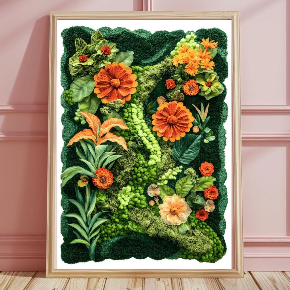 Fiery Orange Marigolds on Lush Green Moss Maximalist Wall Poster
