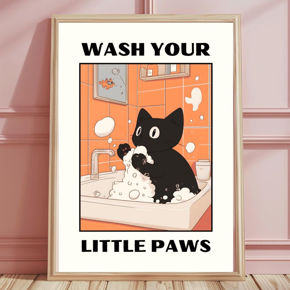 Wash Your Paws Cat Print, Kawaii Bathroom Poster