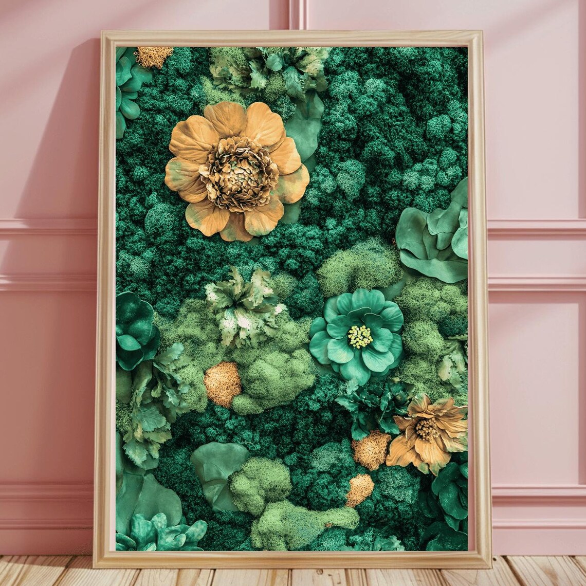 Oversized Golden Amber Flowers on Teal Moss Botanical Wall Art
