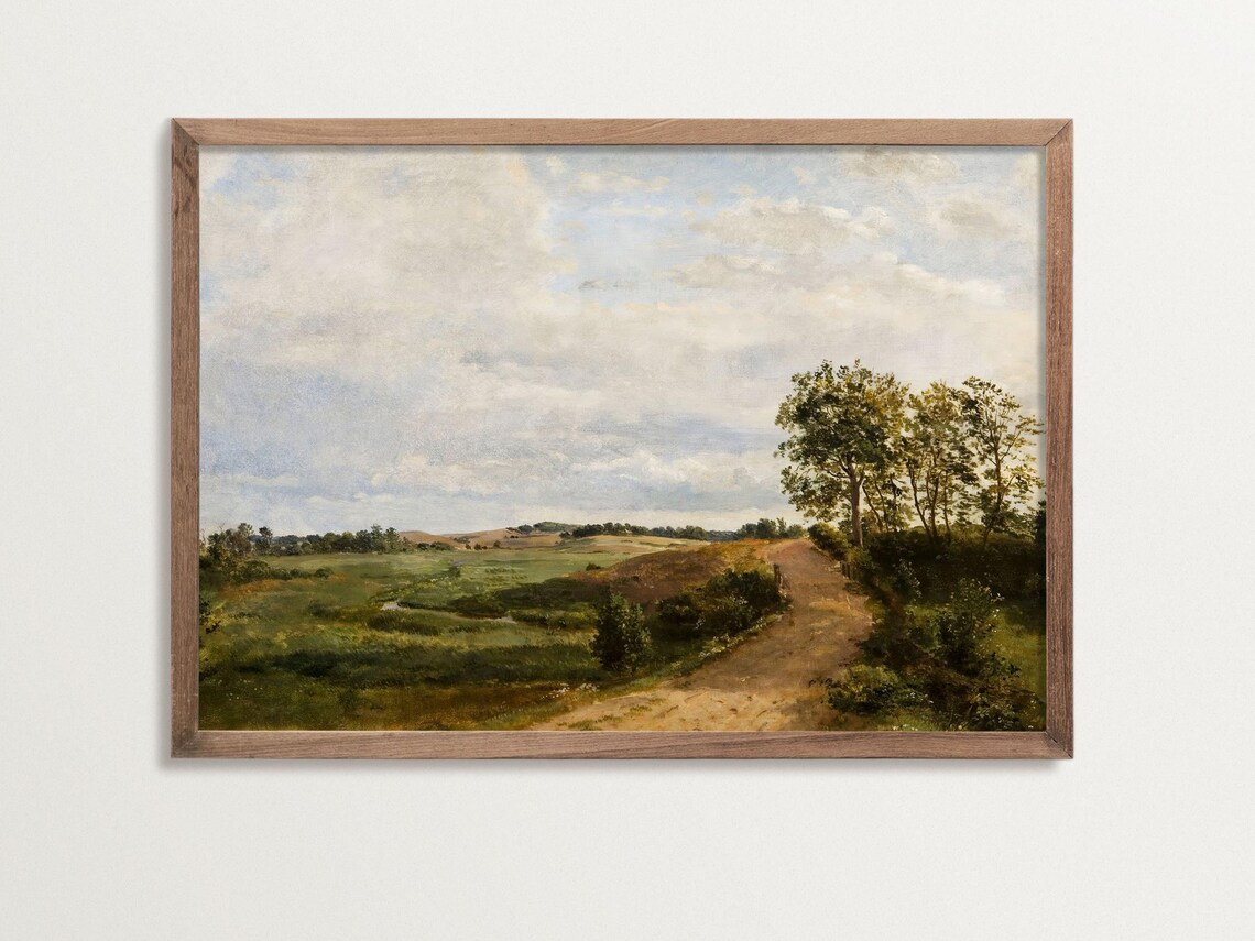 Antique Landscape Painting, French Country Cottage Decor